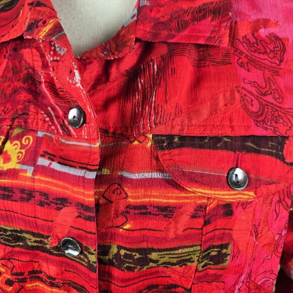Chico's Size 3 (US XL) Red Multicolor Button Front Jacket 100% Silk Long Sleeve - Picture 3 of 12